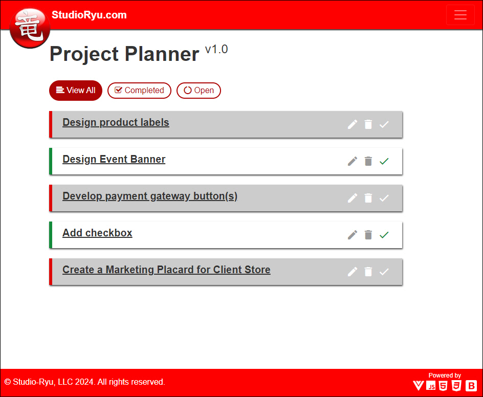 Studio-Ryu Vue3 Project Planner SPA w/ CRUD Functionality (A Case Study image